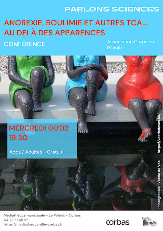 Affiche de la conférence, représenter les jambes de 3 femmes rondes à la peau noir et habillées des robes colorées qui se reflètent dans l'eau