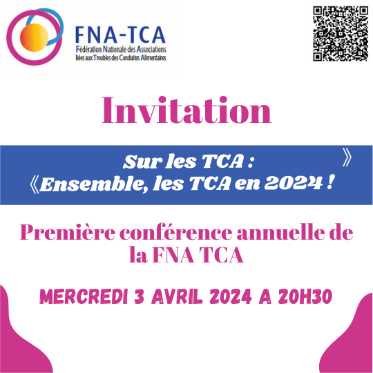 Visuel d'invitation à la conférence "Ensemble, les TCA en 2024" - première conférence annuelle de la FNA TCA - Mercredi 3 avril 2024 20h30